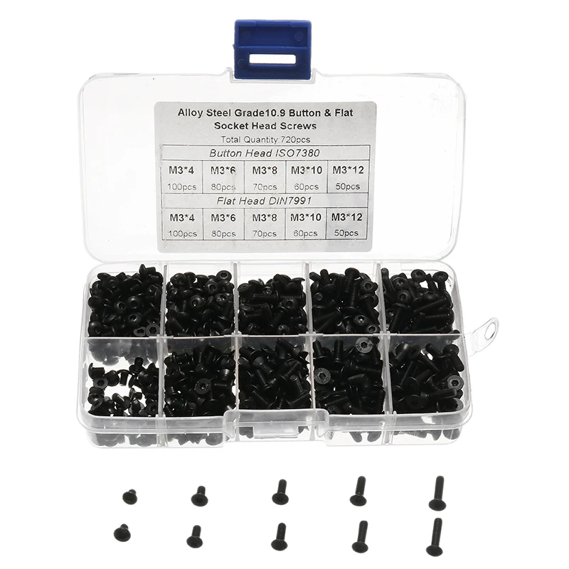 

Black 720pcs Alloy Steel M3 Button Flat Socket Head Screws Set Hex Socket Cap Screw Bolt For Electrical Appliances Machinery