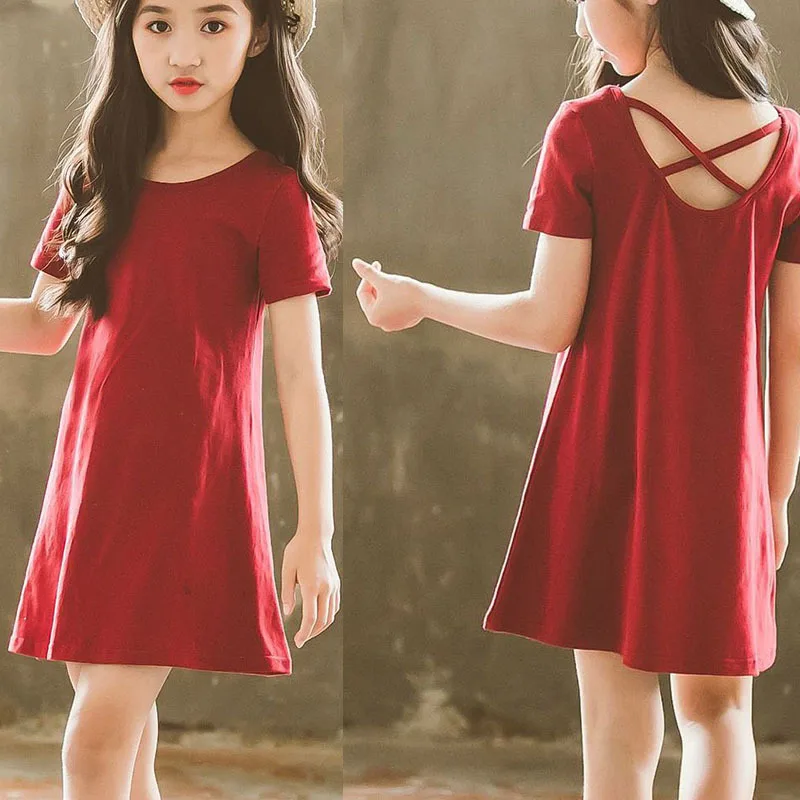 

backless toddler girls summer clothing short sleeved t shirts dress red mini big kids summer dresses for girls 2018 clothes