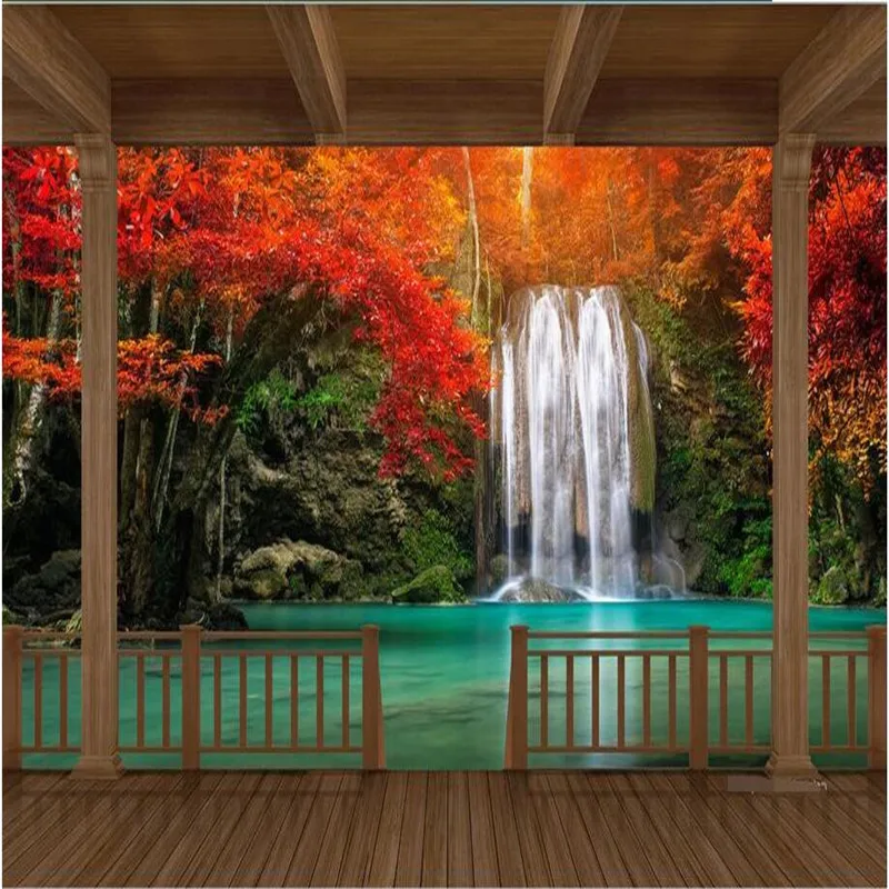 

beibehang 3d large wall mural wallpaper HD Wooden frame Red Maple Falls extending space backdrop custom silk photo wallpaper