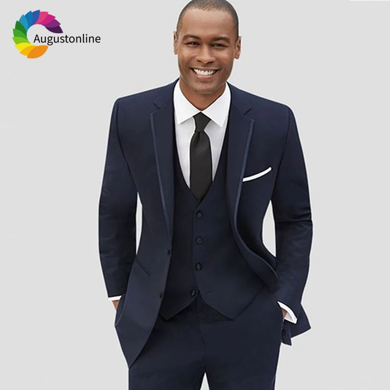 

Slim Fit Navy Blue Men Suits for Wedding Groom Tuxedos Business Prom Wear 3Piece Jacket+Pants+Vest Best Man Blazer Costume Homme