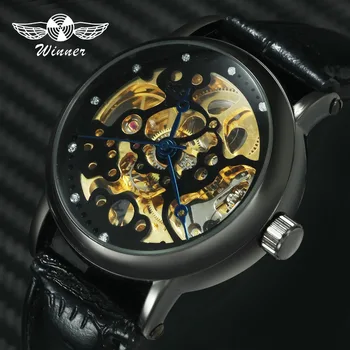 

WINNER Top Brand Luxury Royal Dress Automatic Mechanical Watch Men Skeleton Dial Leather Strap Crystal Decoration Wristwatches