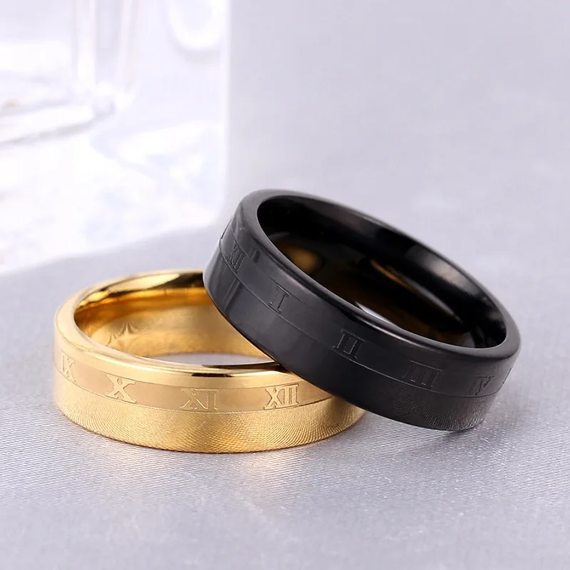 

Fashion Creative Unisex Ring Gold Black Stainless Steel Roman Digital Hypoallergenic Engagement Wedding Ring 6mm