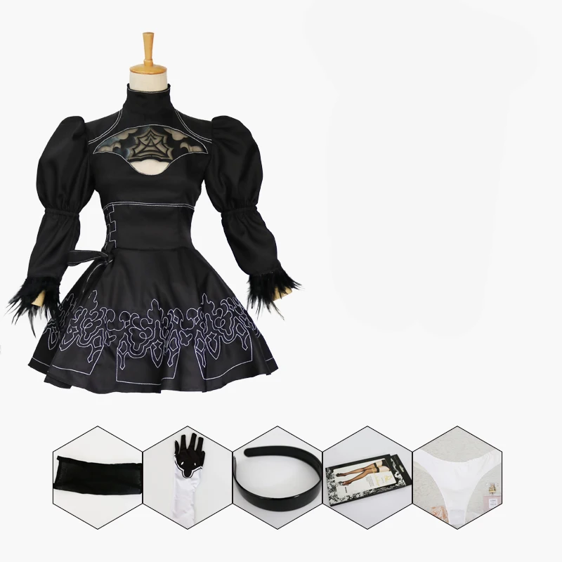 Nier Automata 2B Cosplay Anime Women Costume Set Outfit 2B Girls Halloween Girls Party Black Suit Black Dress Cosplay Costume - Цвет: AS SHOWN