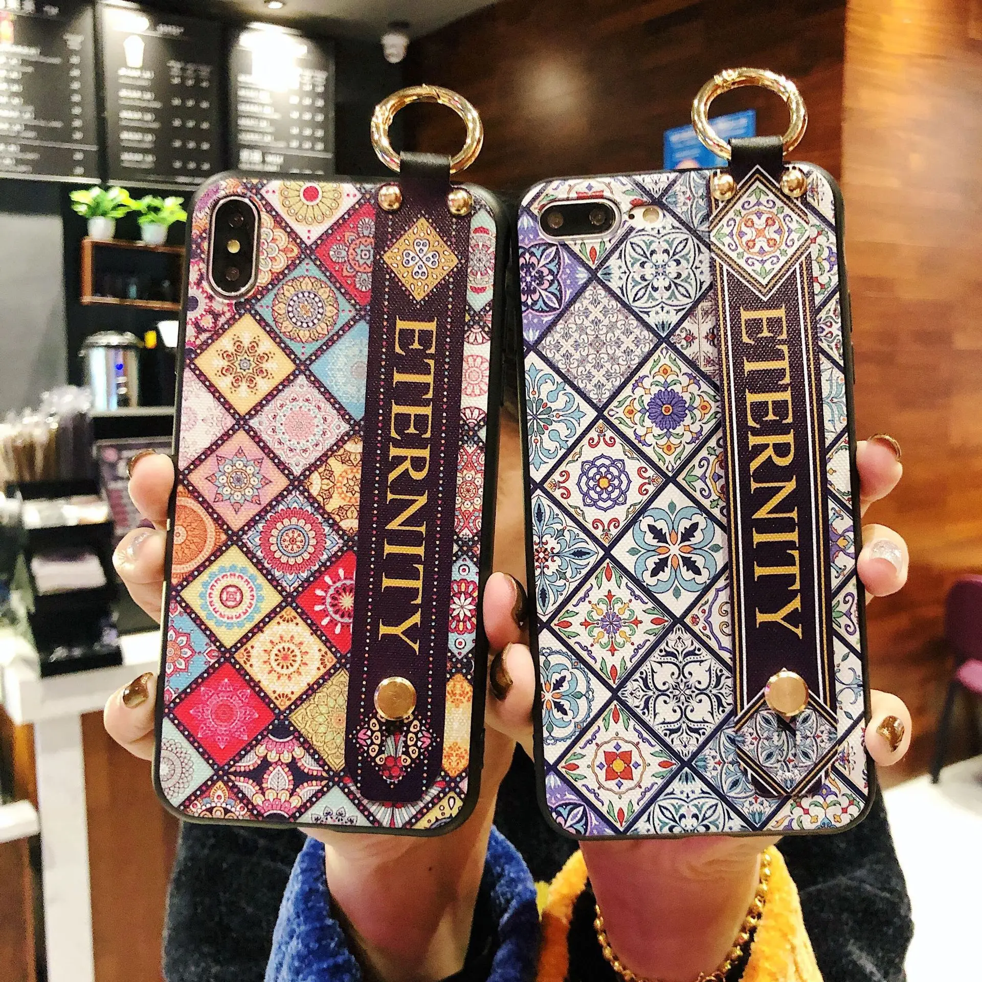 

Vintage Flower Phone Case for iPhone xs max Wrist Strap 6s Bracket Eternity X Mobile Phone Shell 7 8 plus Painting 6 Back Cover