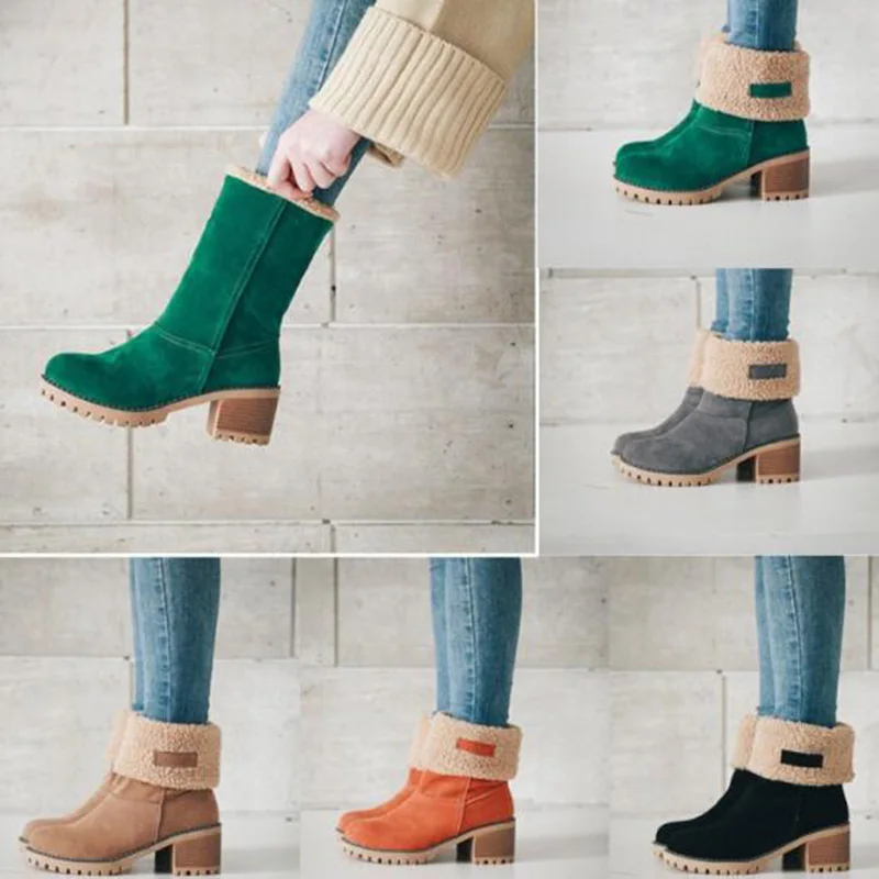 

Sweet Female Women Suede Winter Snow Boots Warm Cotton-padded Shoes Mid Heels Footwear Plush Boots Lady Big H-341