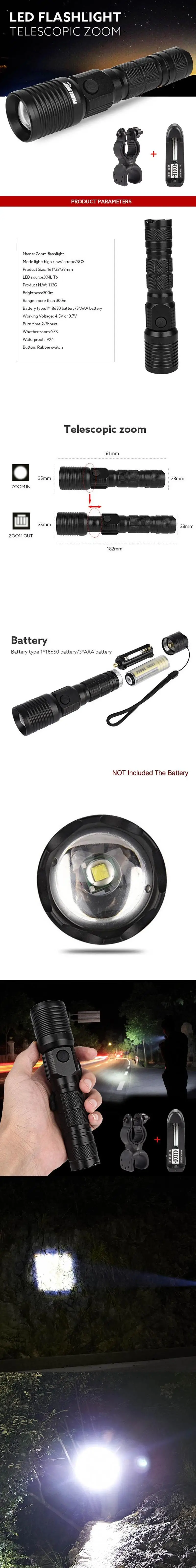 Best 1x Zoomable T6 LED Flashlight Rechargeable Torch Super Bright Light Lamp+Battery Charger+Bicycle Clip 0