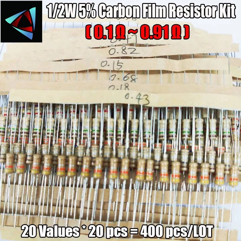 

400pcs 1/2W 5% 0.1-0.91 ohm 20values Carbon Film Resistors Assortment Kit