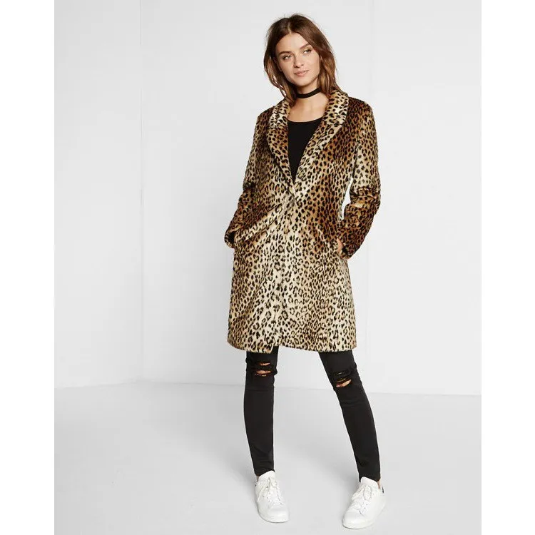 Женское зимнее пальто размера плюс, пальто коричневого цвета с леопардовым принтом, теплое длинное пальто из искусственного меха