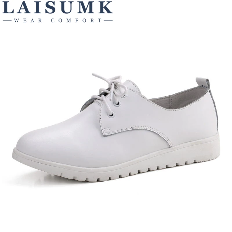 

LAISUMK Woman Genuine Leather Flat Loafers Spring Platform Shoes Breathable Fashion Lace Up Leather Leisure Shoes