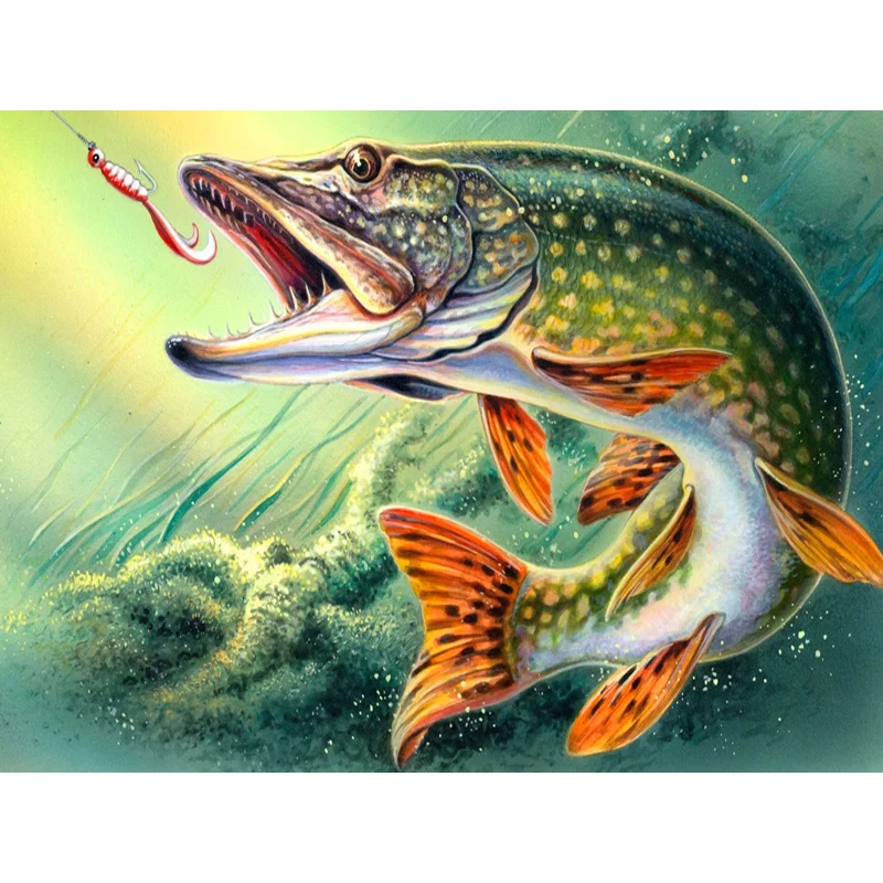 

5D DIY Round Diamond Embroidery Painting Cross Stitch Fish Hunting For Shrimp Home Decoration 3d Kit For Needlework KBL