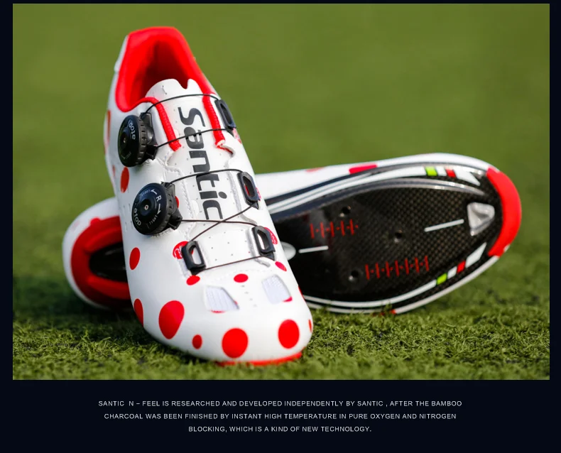 Santic/Обувь для велоспорта, Ультралегкая, углеродное волокно, красная точка, кольцевая, самоблокирующаяся, Спортивная, велосипедная обувь, Sapatilha Ciclismo