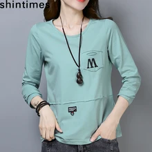 shintimes Pockets T Shirt Long Sleeve Tshirt Women Letter Casual 2019 Cotton T-Shirt Femme Vogue Plus Size 4Xl Tee Shirt Femme plus size pockets design leopard t shirt