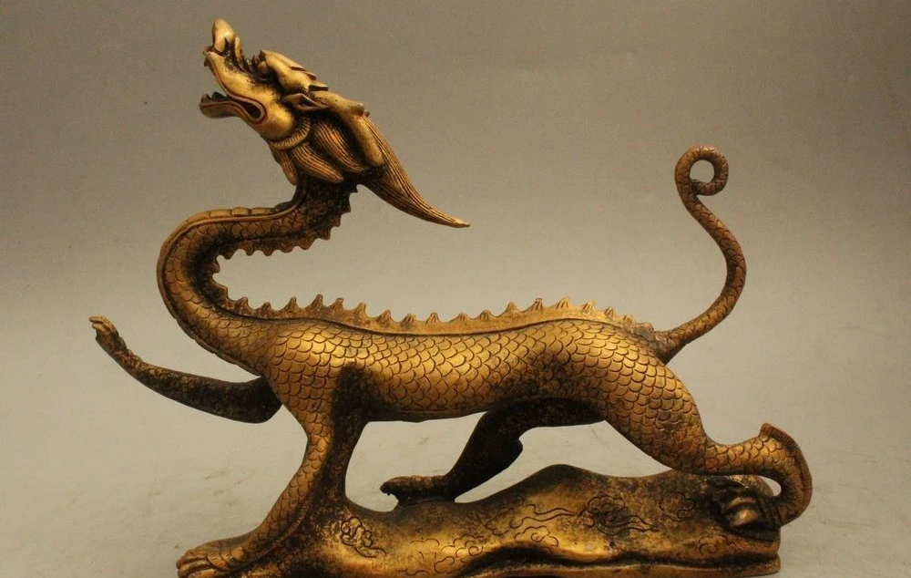 

8"Lucky China Pure Bronze Chinese Zodiac Animal Year Of Myth Dragon Statue