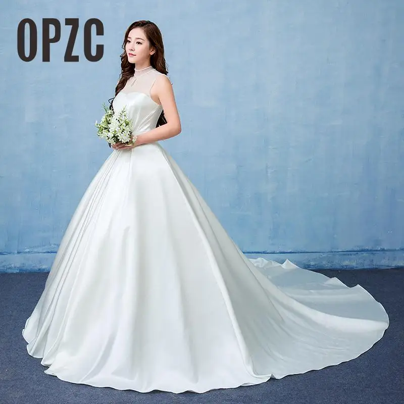 

Satin White Fashion Classic Vestido De Noiva 2018 New Design Elegant Sweetheart Lace Big Train Wedding Dresses Back Lace Pearls