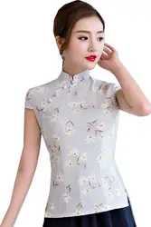 Шанхай история Традиционный китайский Топ короткий рукав цветочный Cheongsam Топ Традиционный китайский язык, блузка для женщин