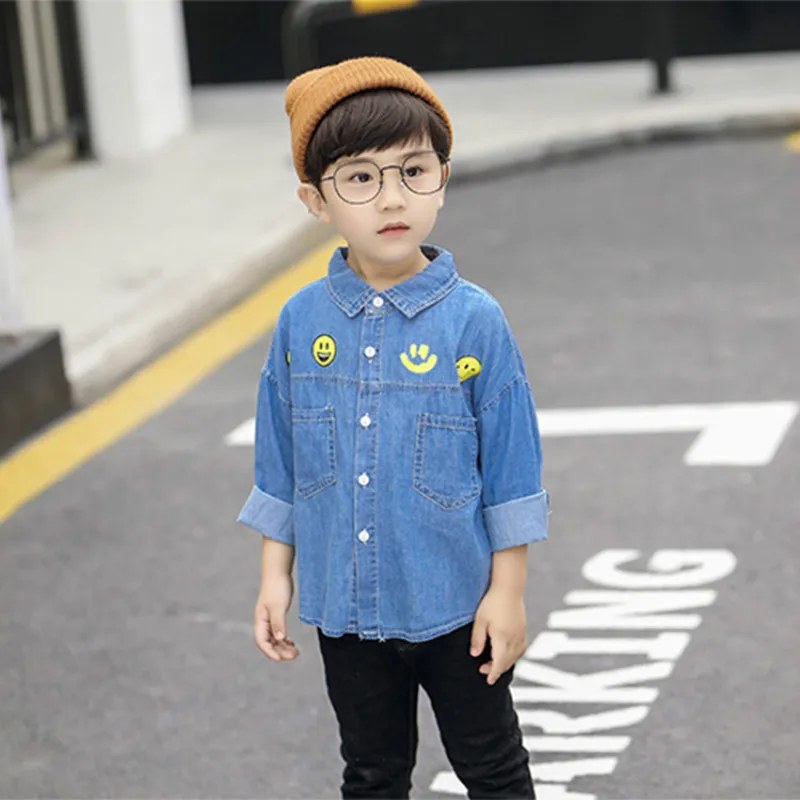 Модная Осенняя детская одежда рубашка с принтом для мальчиков джинсовая рубашка HTST537