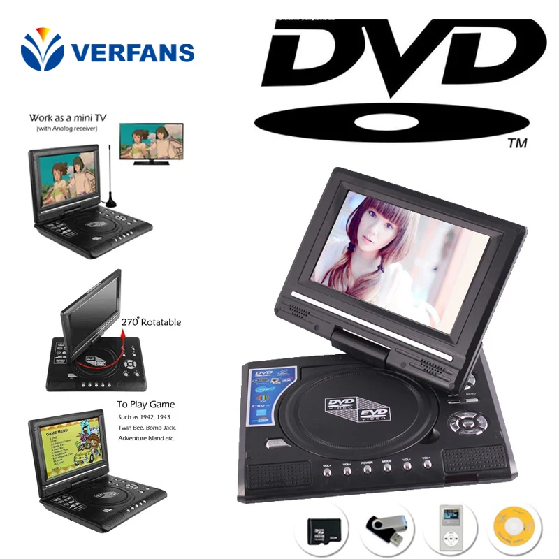 VERFANS DVD HD Portable EVD 7 8 Inch Mini Player Mini Game Mini TV Built In 500 Kids Classic Game Support SVCD VCD CD CD R RW