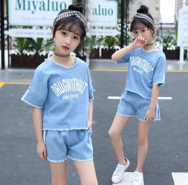 

kid children boys girl clothing Summer 2019 New Girls'Cotton Jeans Printed Short Sports Suit