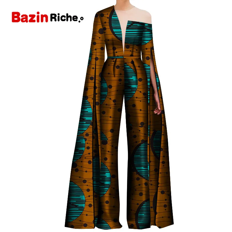 Комплект женских брюк с принтом в африканском стиле на одно плечо, комбинезон с длинными рукавами, широкие штаны, африканские женские комбинезоны WY5082
