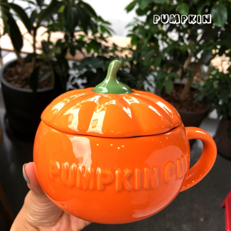 Creative Pumpkin Ceramic Breakfast Mug Milk Tea Home Water Cup With Lid+Spoon