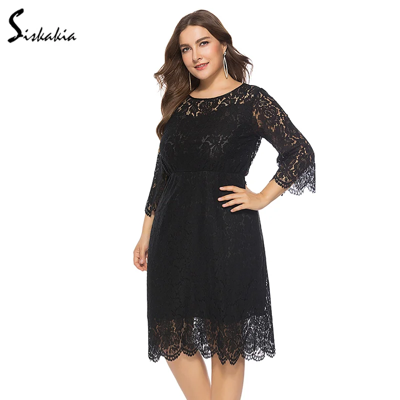 Siskakia Solid Lace Dress for Women Plus Size Evening Dinner Party