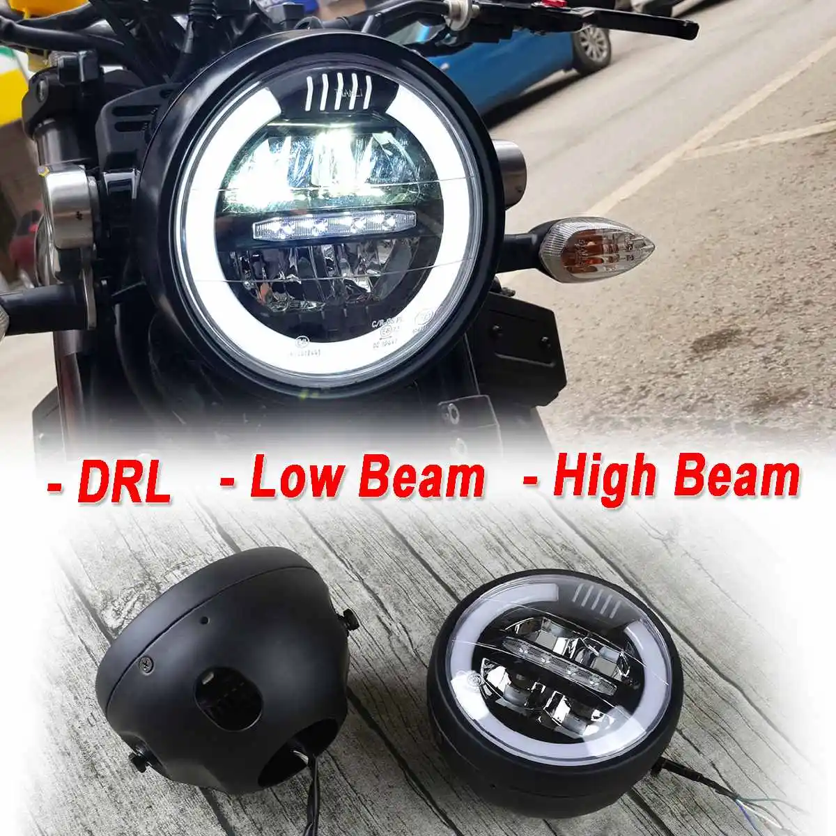 

7inch Universal Motorcycle Matte Black Headlight White Lamp and Lower Beam Refit Day Running Light without Bracket
