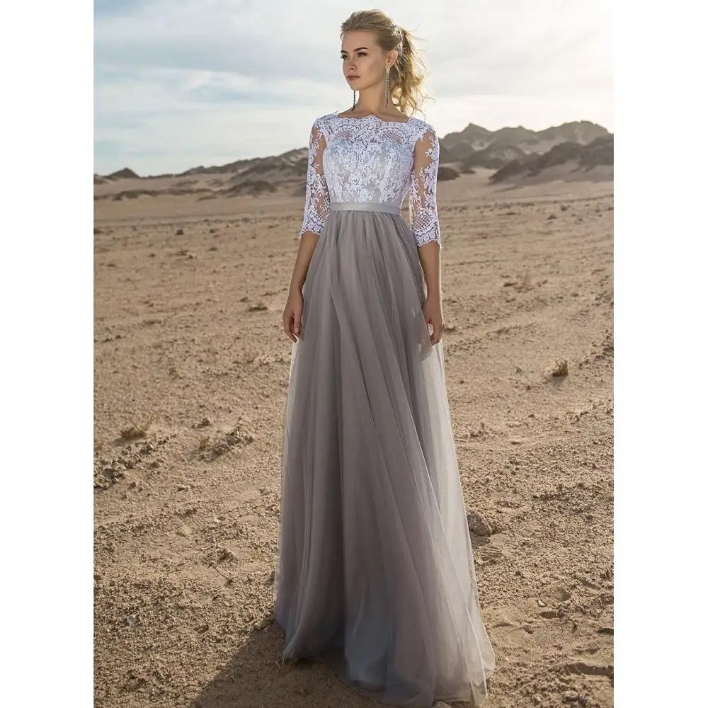 

New Arrival 2019 Simple Wedding Dress Lace Top Half Sleeve Gery Tulle Sexy Backless Lace Appliques Wedding Dress