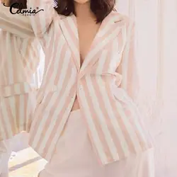 Celmia 2019 осень Для женщин тонкие полосатые блейзеры верхняя одежда Повседневное свободные с длинным рукавом рубашка на пуговицах с