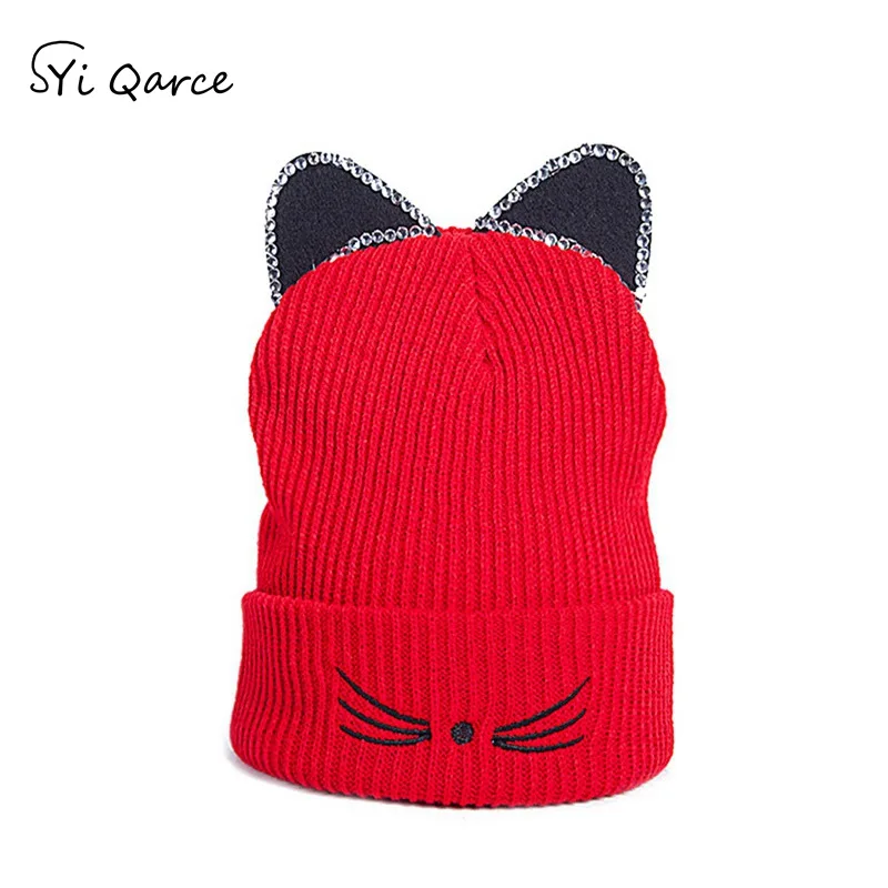 SYi Qarce зимние хлопковые супер теплые вязаные шапки Skullies Beanies, милая шапка с кошачьими ушками для мальчиков и девочек, теплая шапка, NM290-93 - Цвет: Red