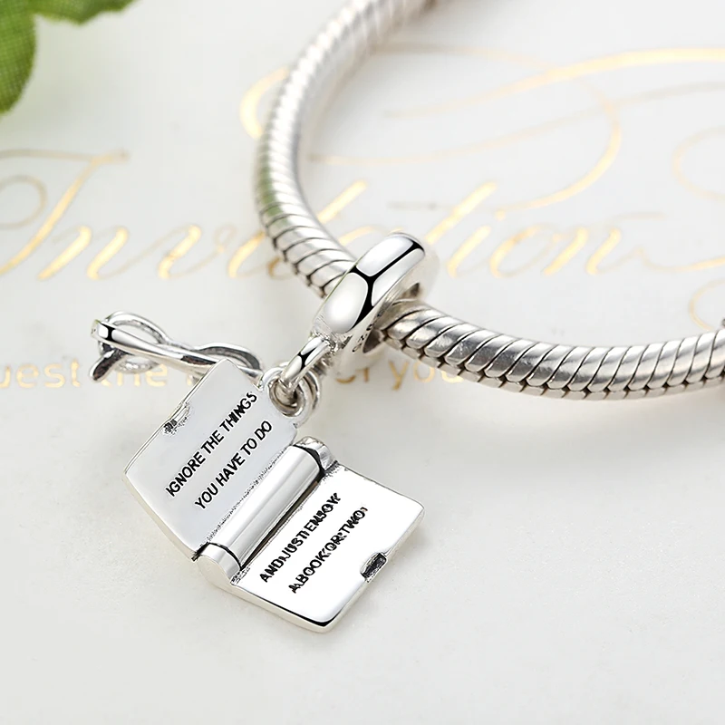 ELESHE 925 Sterling Silver Beads I Love Reading Book with Glasses Dangle Charm Fit Original Bracelet Necklace DIY Jewelry Making