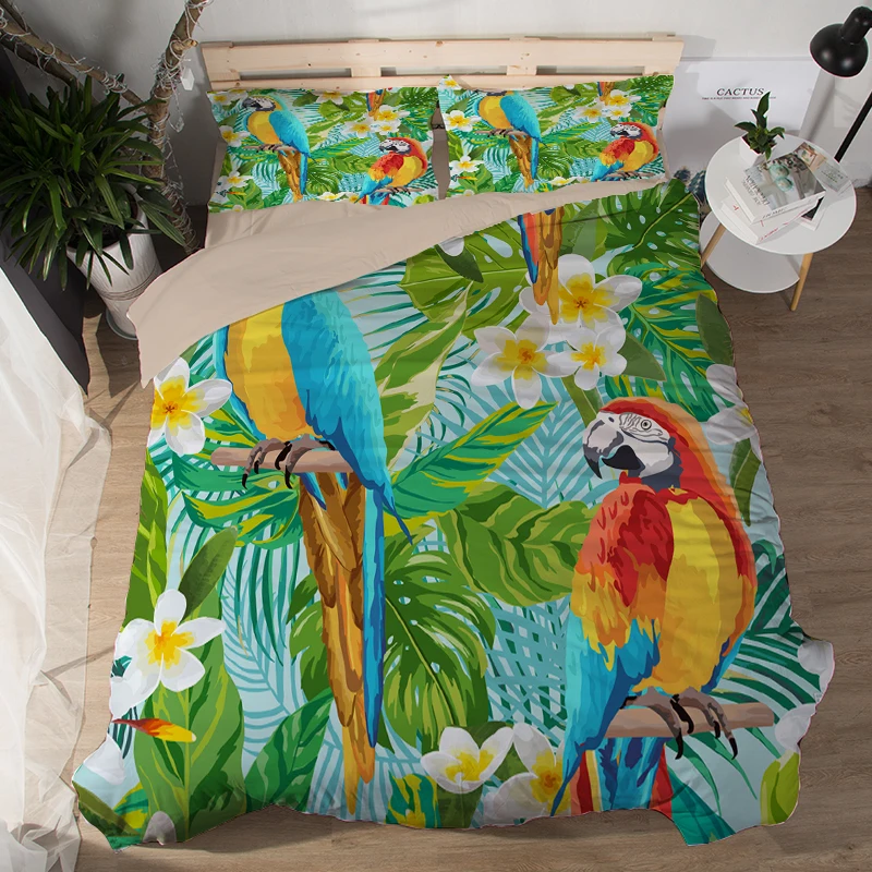 Free shipping Jungle tropical plant Monstera macaw parrot pattern Quilt