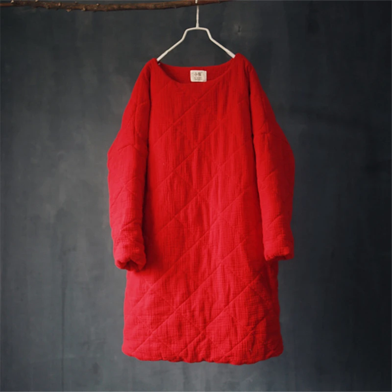 Johnature женское Хлопковое платье, теплая одежда, осень, новое оригинальное свободное винтажное зимнее платье с длинным рукавом, короткое плотное платье - Цвет: Big red
