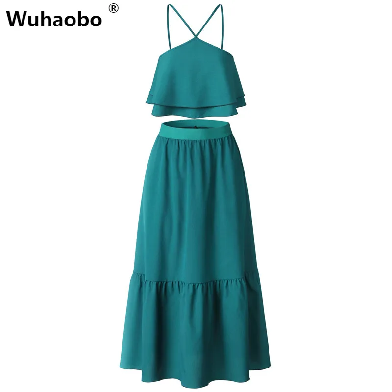 

Wuhaobo Cropped Tops And High Waist Skirts Casual Chiffon Summer Suits 2019 Halter Strapless Sexy Women Sets Two Pieces Set
