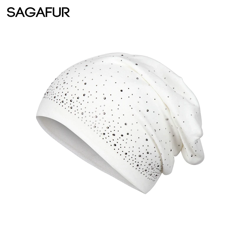 

Autumn Winter Knitted Hat Female Cap Women's Vogue Rhinestone Bonnet Cotton Blends Hat Casual Solid Skullies Beanies For Ladies