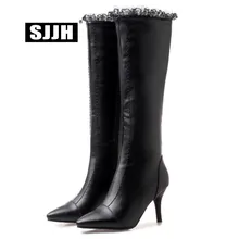 Sjjh Для женщин сапоги до колена высокие сапоги на шпильках с точечным носком на застежке-молнии; кружевным гофрированным воротником плюшевая обувь «Челси»; зимняя модная обувь большой Размеры A1015