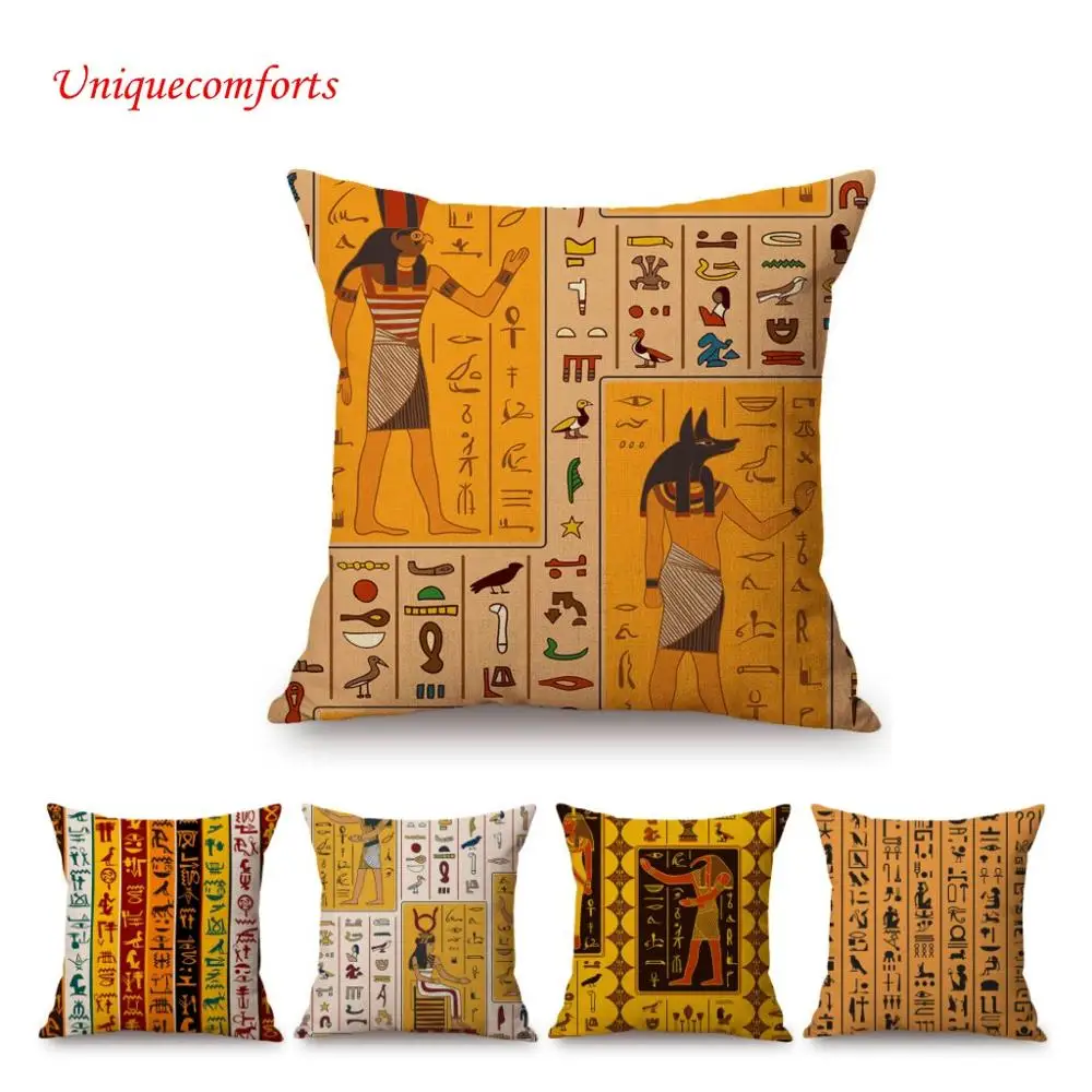 

Ancient Egyptian Hieroglyphs Letters Symbol Pattern Sofa Throw Pillow Cover African Art Egypt Pharaoh Queen Linen Cushion Cover