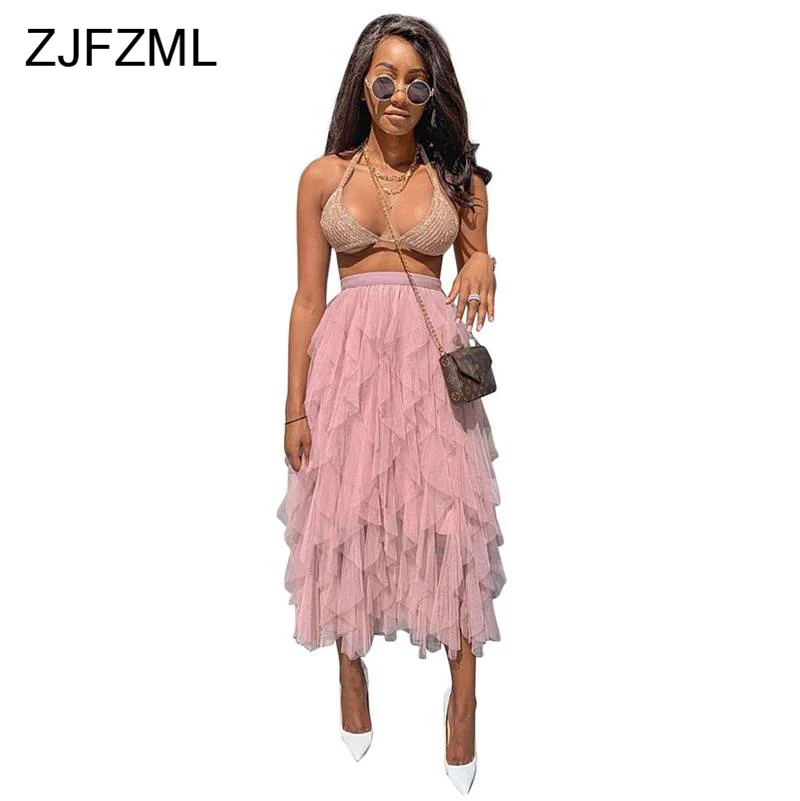 

Neon Green Mesh Long Skirt Women High Waist Cascading Ruffle Sexy Maxi Ball Gown Plus Size Irregular Causal Party Summer Skirt