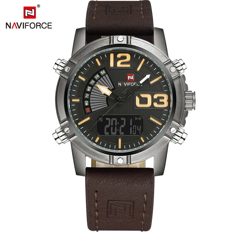khaki naviforce Мужская мода Спортивные часы Мужские кварцевые аналоговые светодиодный часы мужские кожаные военные водонепроницаемые часы Relogio Masculino - Цвет: khaki
