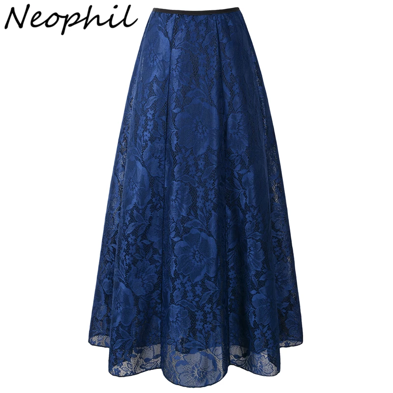 

Neophil 2019 Ladies Floral Lace Mesh Muslim Womens Maxi Skirts Long 100cm High Waist Pleated Bohemian Black Longa Saia MS1605