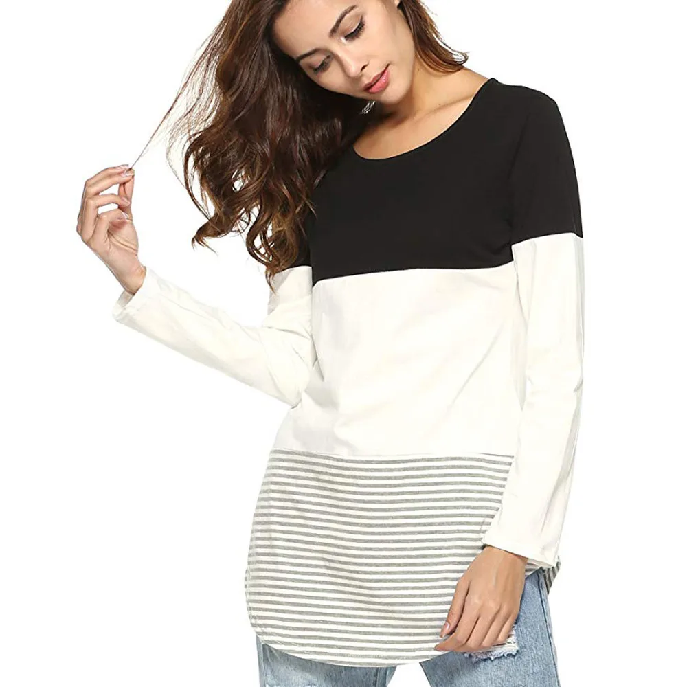 

Women Blouse Daily Casual plus size 2019 Long Sleeve Striped Patchwork Stretchy Tops vintage Blouse Shirt camisas mujer