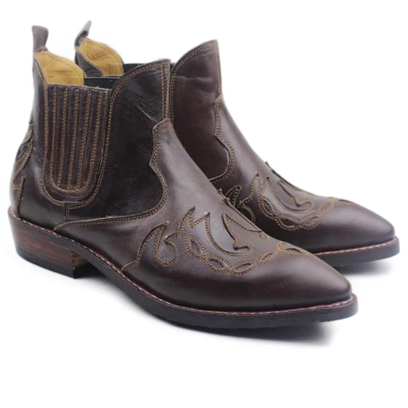 Роскошные мужские Ботильоны ручной работы; рабочие ботинки из натуральной воловьей кожи; ковбойские ботинки в западном стиле; botas hombre; мужские полусапоги в байкерском стиле