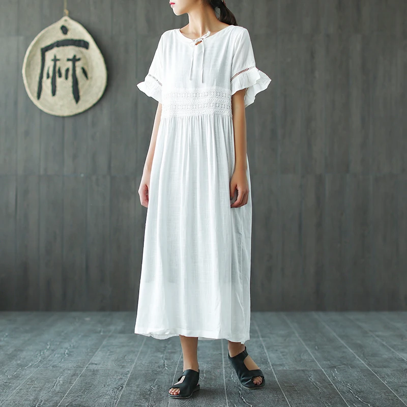 NINI WONDERLAND летнее винтажное одноцветное свободное кружевное платье в стиле пэчворк, женские винтажные платья, классические большие размеры - Цвет: White