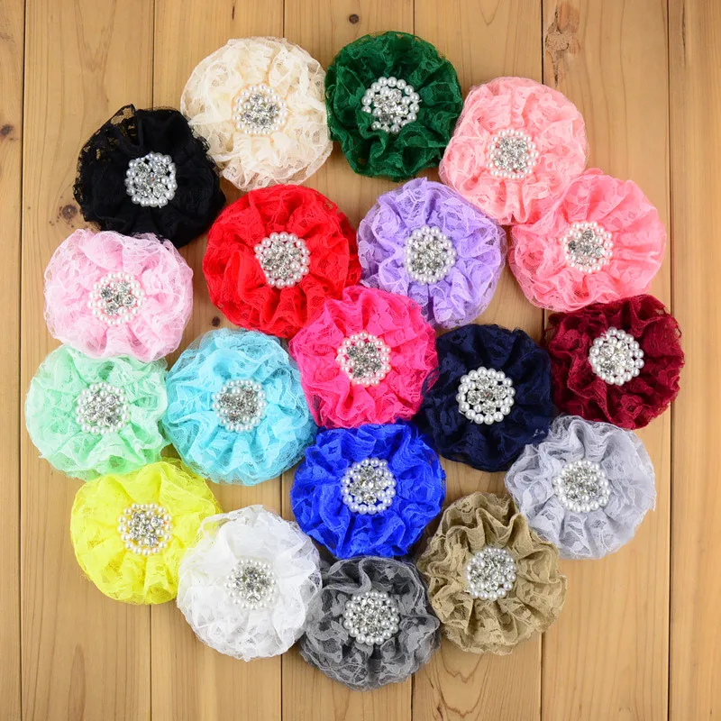 

50pcs/lot 9cm Beautiful Ruffled Lace Flower with Rhinestone and Artificial Pearl for Headband & girl's Dress TH201