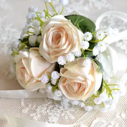Подружки невесты букет Настоящее Сатиновые розы/украшение на свадьбу букет ручной работы роза с белым детское дыхание искусственный