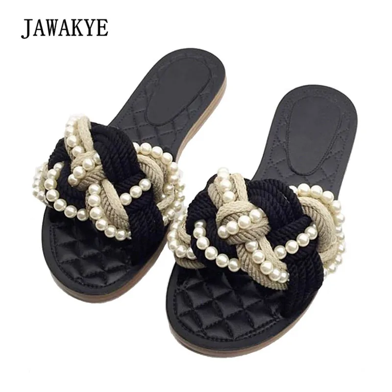 

Jawakye Black Real Leather Slipper Woman Open Toe Pearl Hemp Flowers Flat Slides Women Fashion Beach Sandals 2018