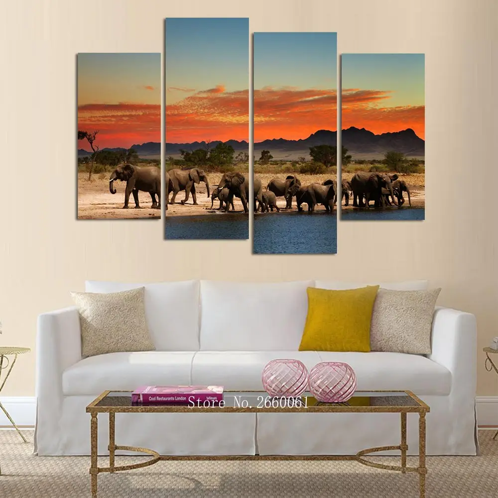 Новый 4 шт. Холст Искусство HD Охота слоны в южной картина с видами Африки Картина