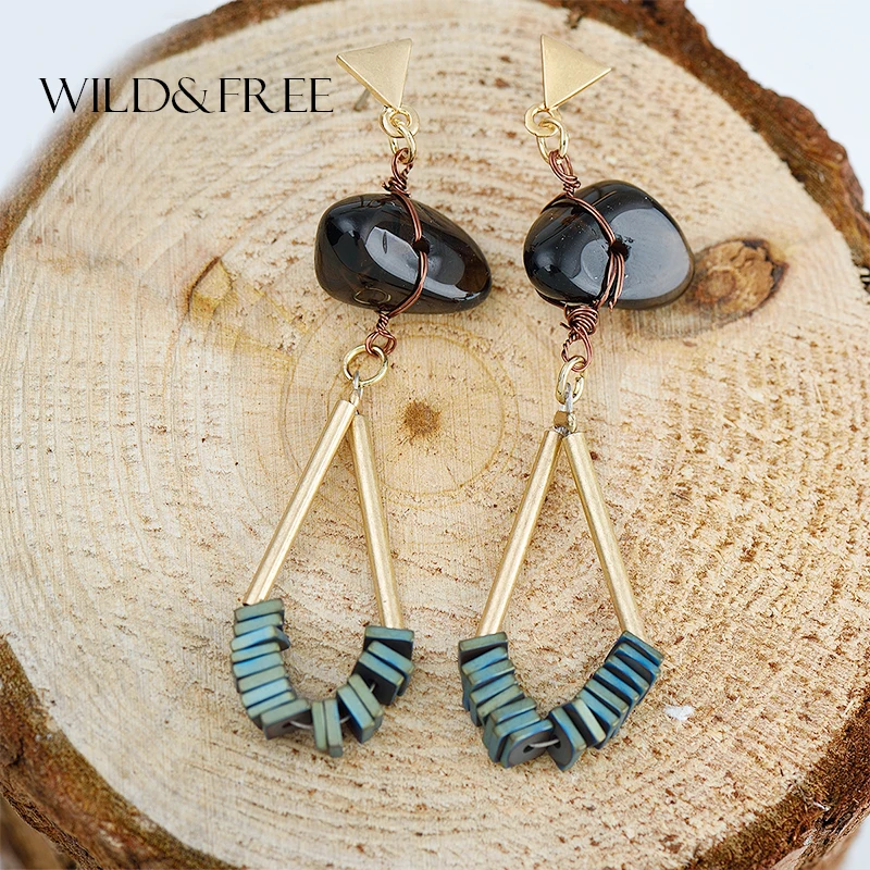 

WILD & FREE Women Trendy Brown Natural Stone Drop Earrings Gold Geometric Shape Pendant Dangle Earrings for Women Jewelry