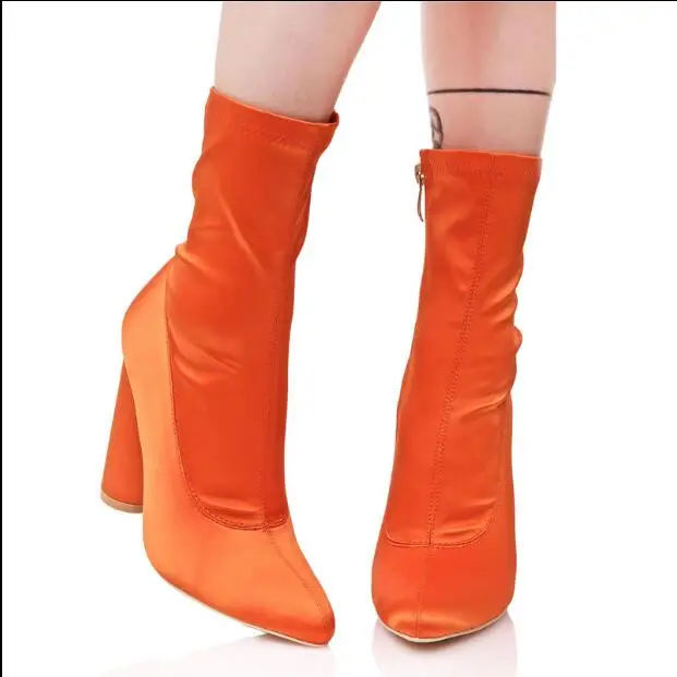 Autumn Winter short boots for women pointed toe high thick heel shoes orange black stretch fabric ankle boots lady booties