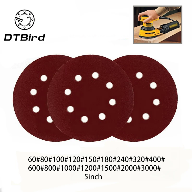 

20pcs 125mm 5 inch Round flocking self-adhesive Sandpaper Eight Hole Disk Sand Sheets Grit 60~3000 Hook Loop Sanding Disc Polish