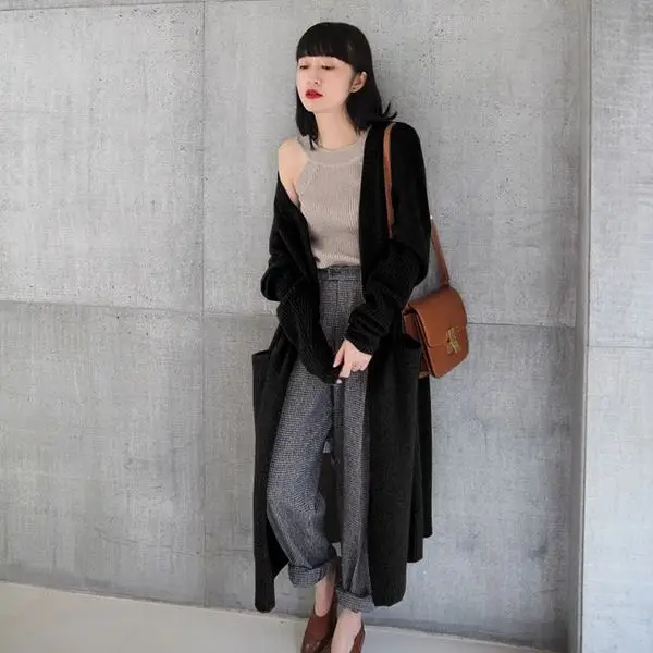 Новинка, зимний свитер, кардиган, женское корейское пальто, длинный рукав, вязаный кардиган средней длины, толстые свитера больших размеров - Цвет: Black